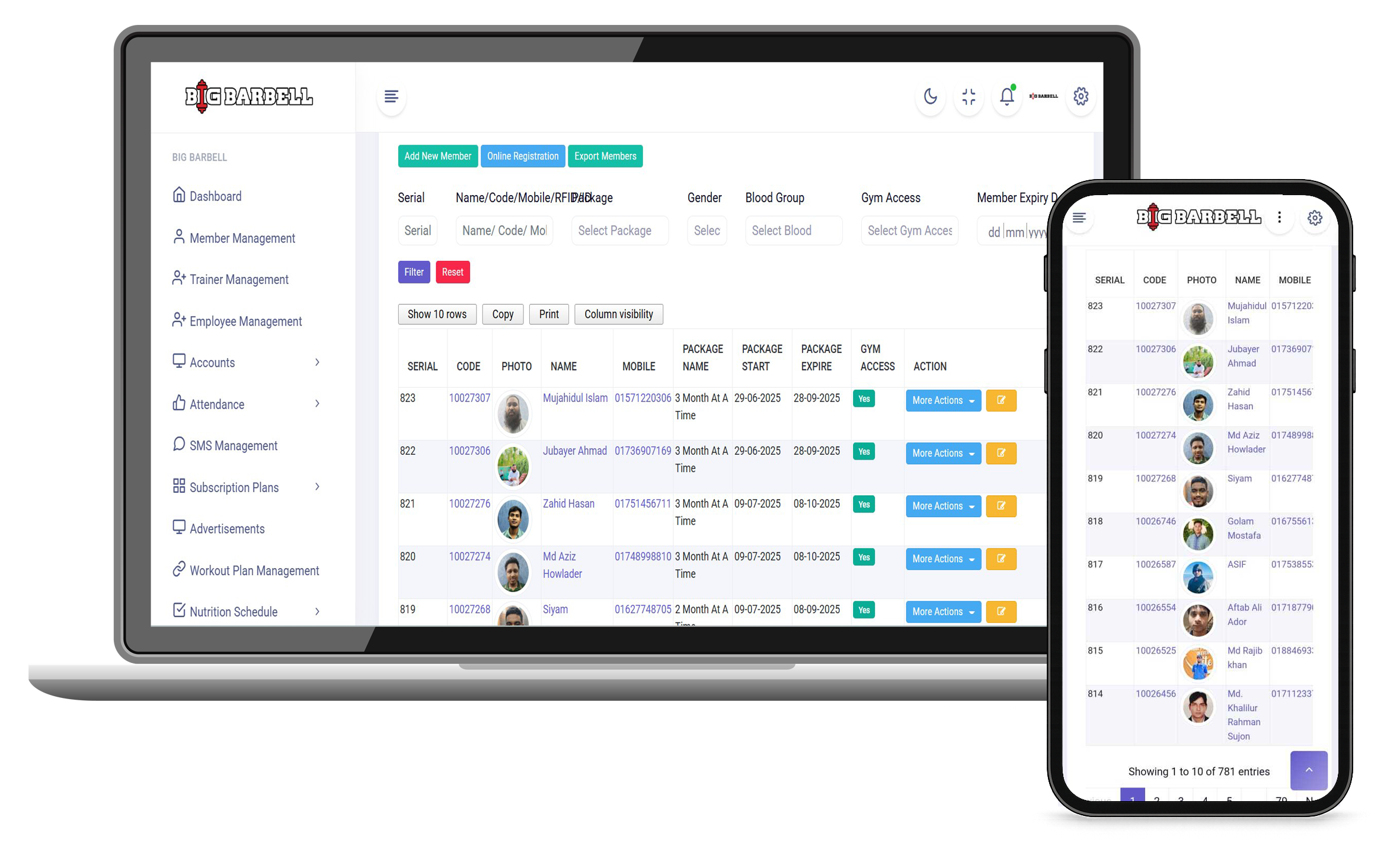 Beeinfo gym management software running on multiple devices
